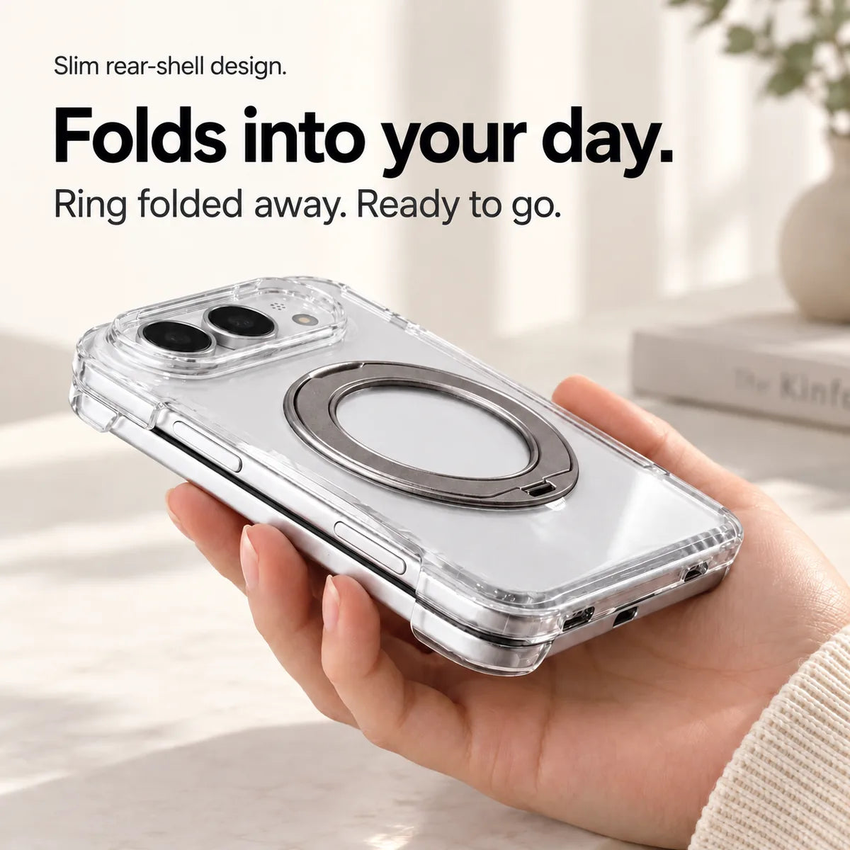 Clear rear case shown from the side on a folded silver phone with the ring stored flat. #color_Pure Crystal