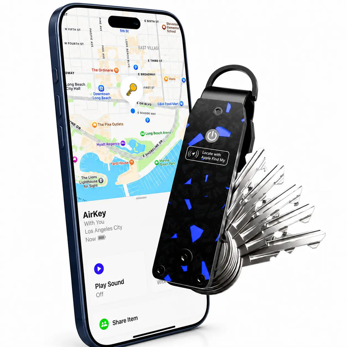 Carbon Blue compact tracking key organizer beside a tracking phone display #color_Carbon Blue
