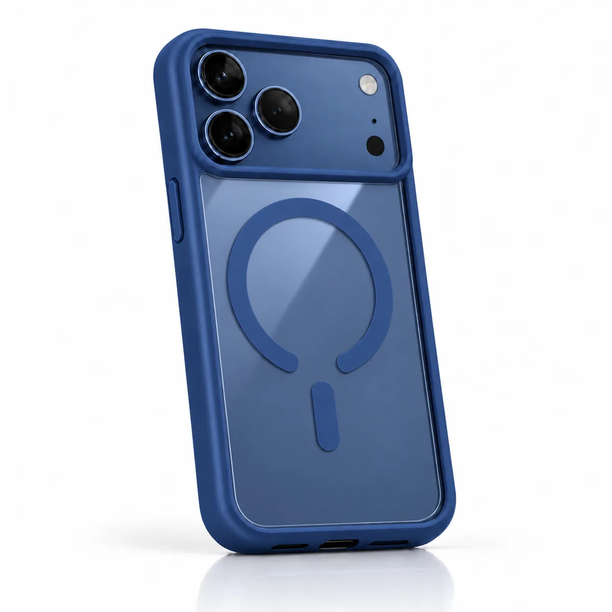 Dark blue clear back phone case with a matching frame and magnetic ring in a white studio. #color_Deep Blue