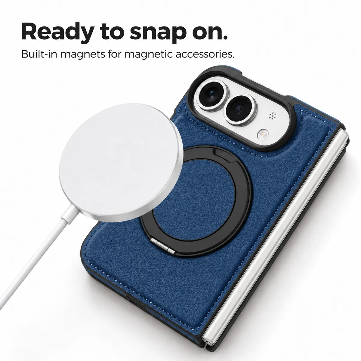 Textured synthetic leather phone case with a magnetic accessory beside the built-in ring. #color_Deep Blue