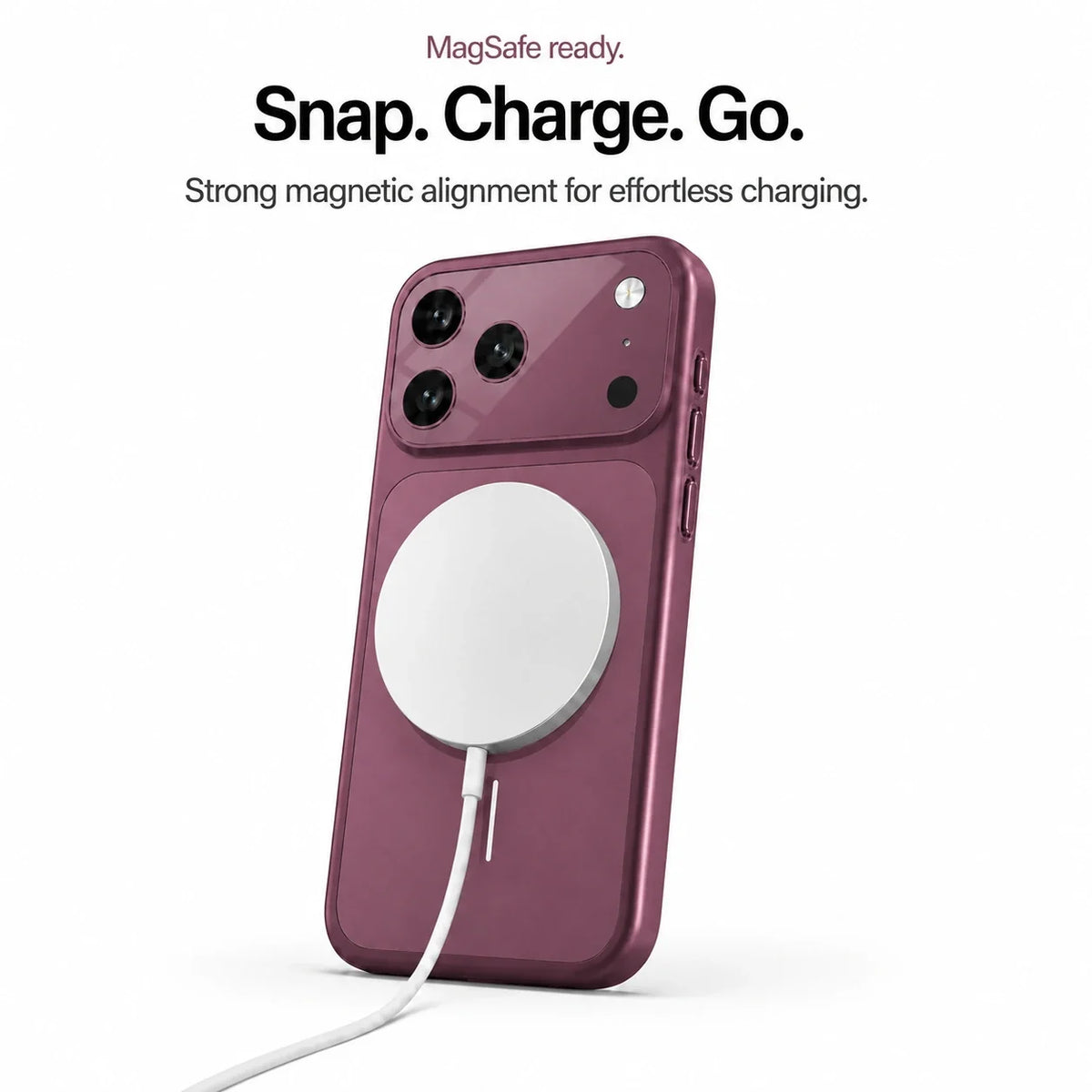 Burgundy magnetic phone case with an attached round wireless charger and white cable #color_Burgundy