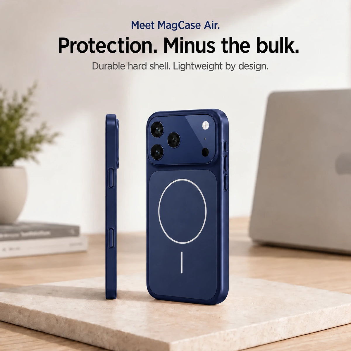 Deep blue lightweight hard shell phone case in rear and side views on a stone desk slab #color_Deep Blue