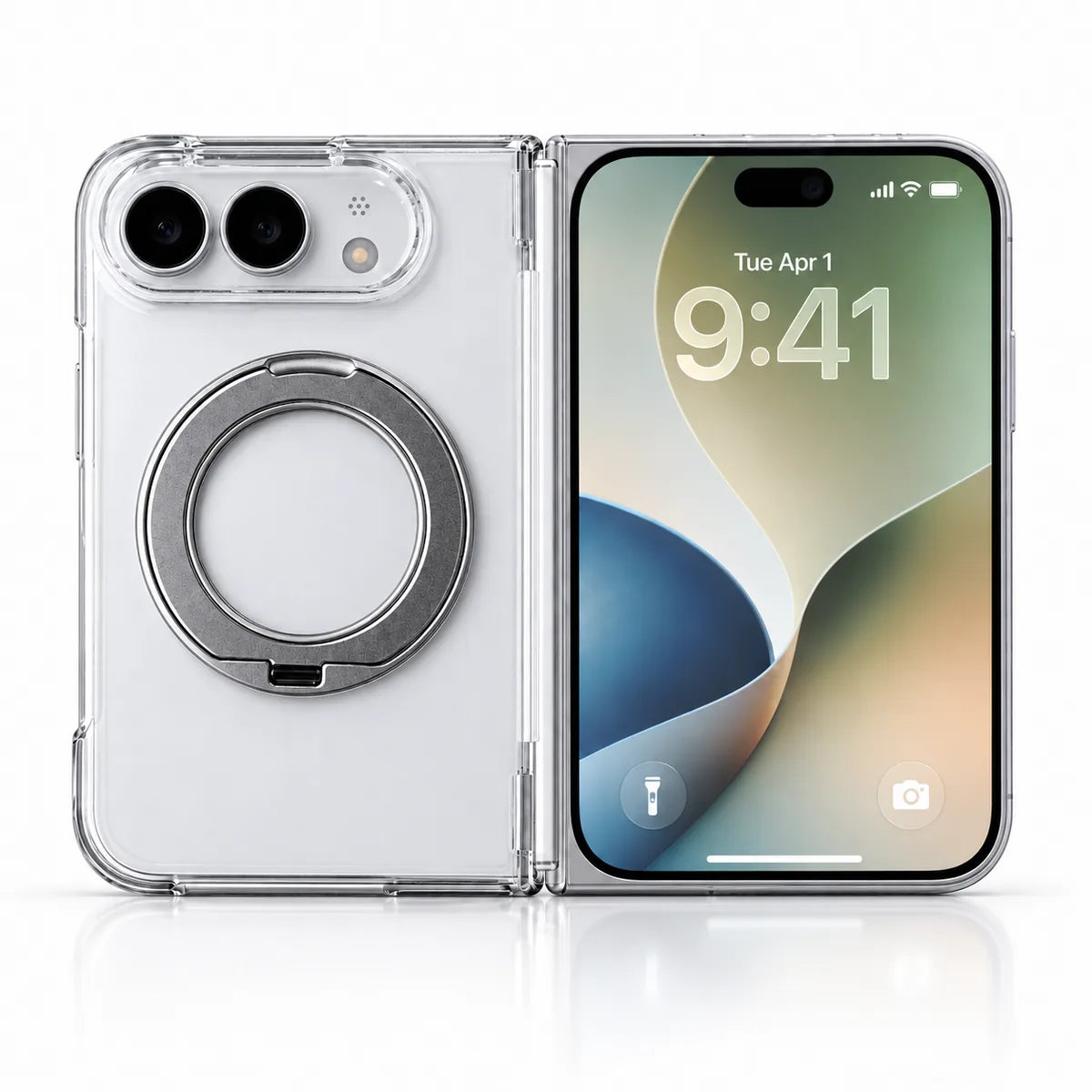 Clear magnetic ring stand case on a silver folding phone, shown open with rear and outer display. #color_Pure Crystal