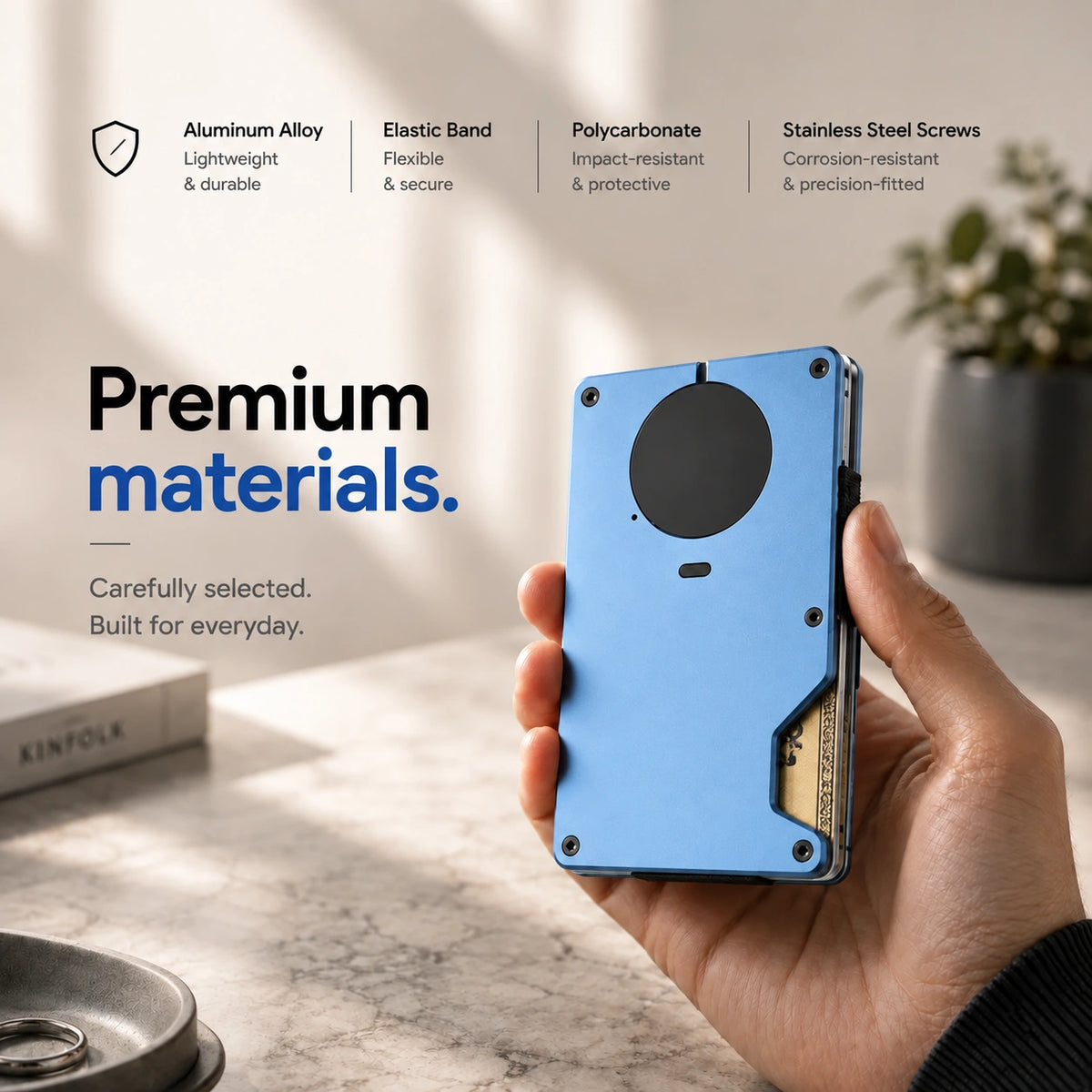 Glacier Blue slim tracking card wallet showing its materials #color_Glacier Blue