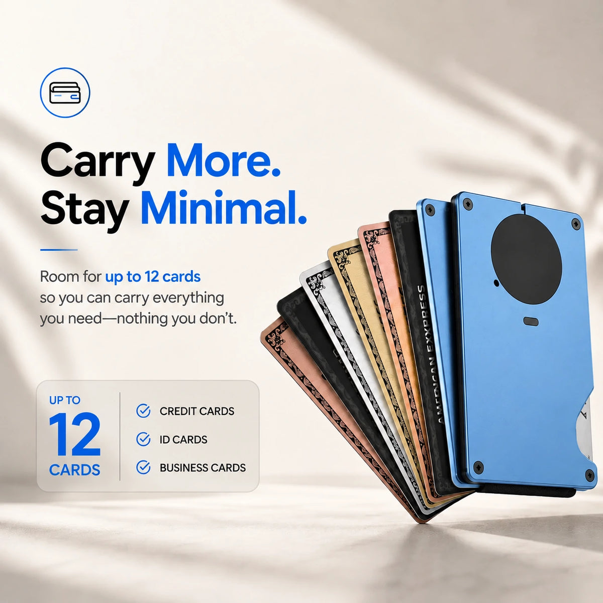 Glacier Blue slim tracking card wallet with a fan of cards #color_Glacier Blue