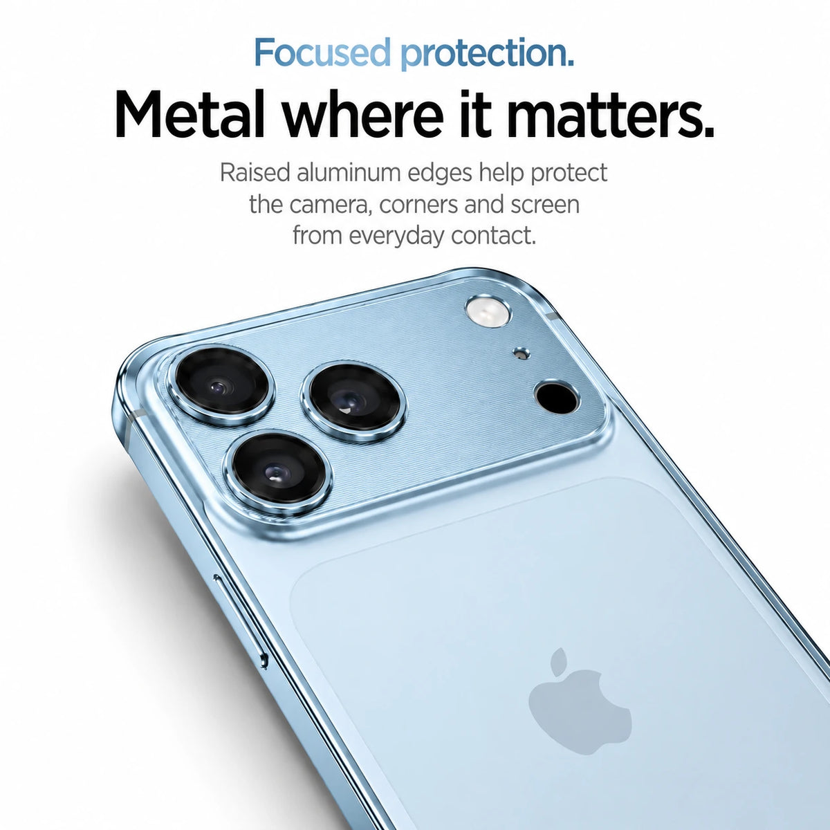 Light blue aluminum frame phone case showing its raised camera and corner protection #color_Light Blue