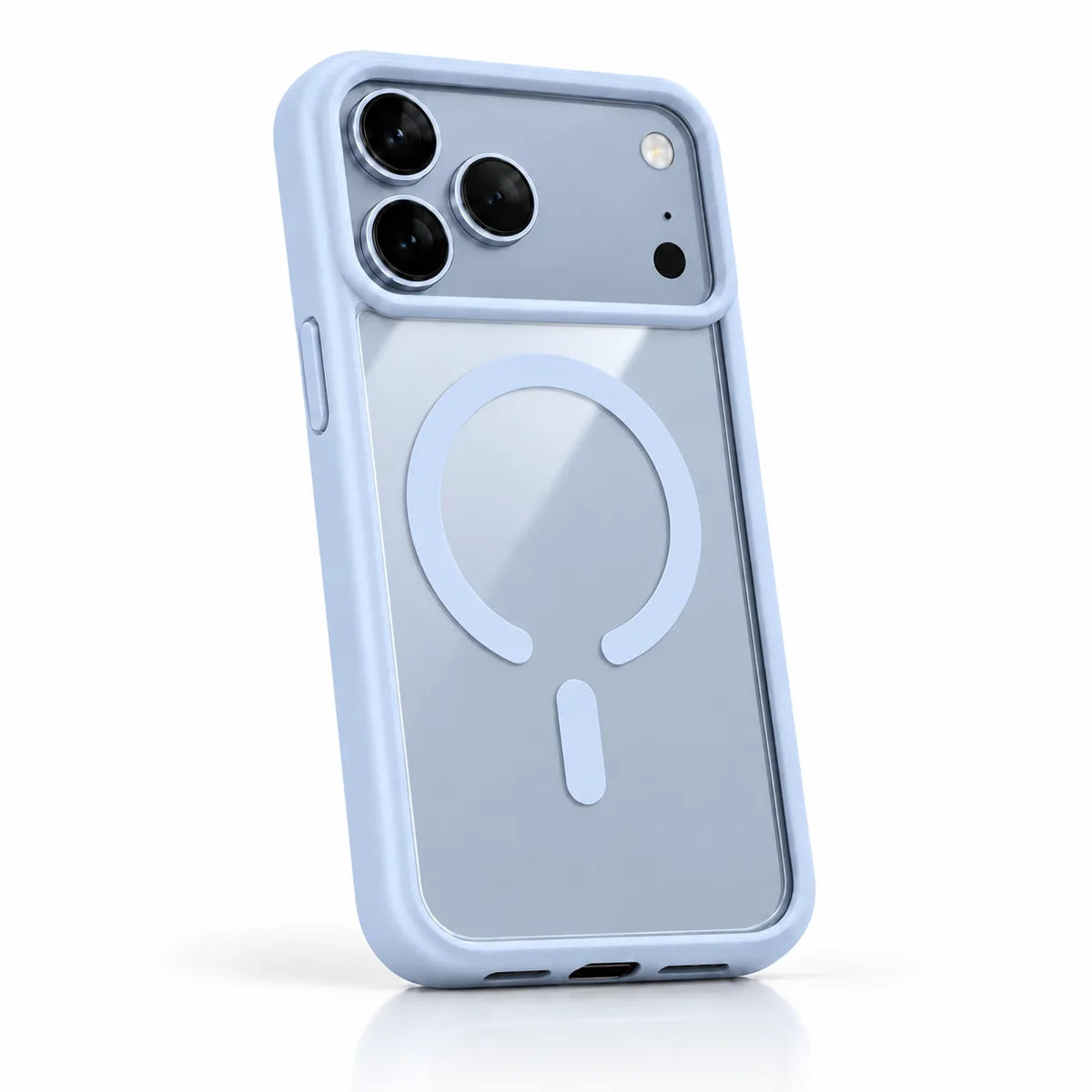 Light blue clear back phone case with a matching frame and magnetic ring in a white studio. #color_Glacier