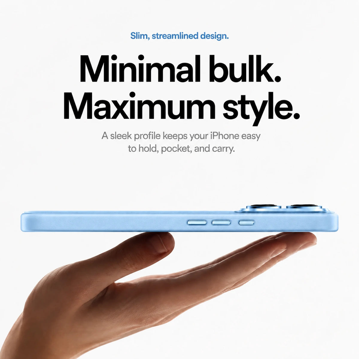 Glacier slim leather phone case resting on a hand in a side profile view #color_Glacier