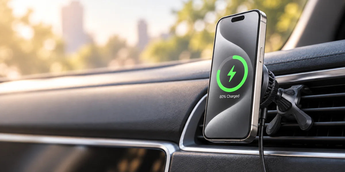 Silver iPhone with matching gray wallpaper and a green charging indicator mounted vertically on a black magnetic car charger.
