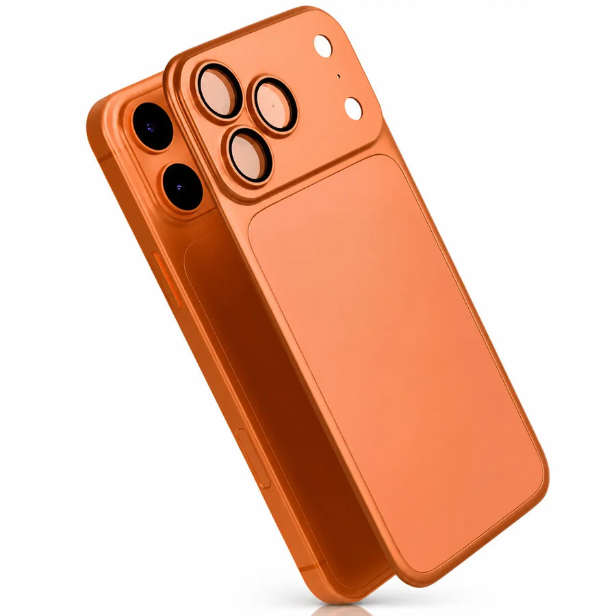 Cosmic Orange magnetic protective phone backplate shown beside a phone
