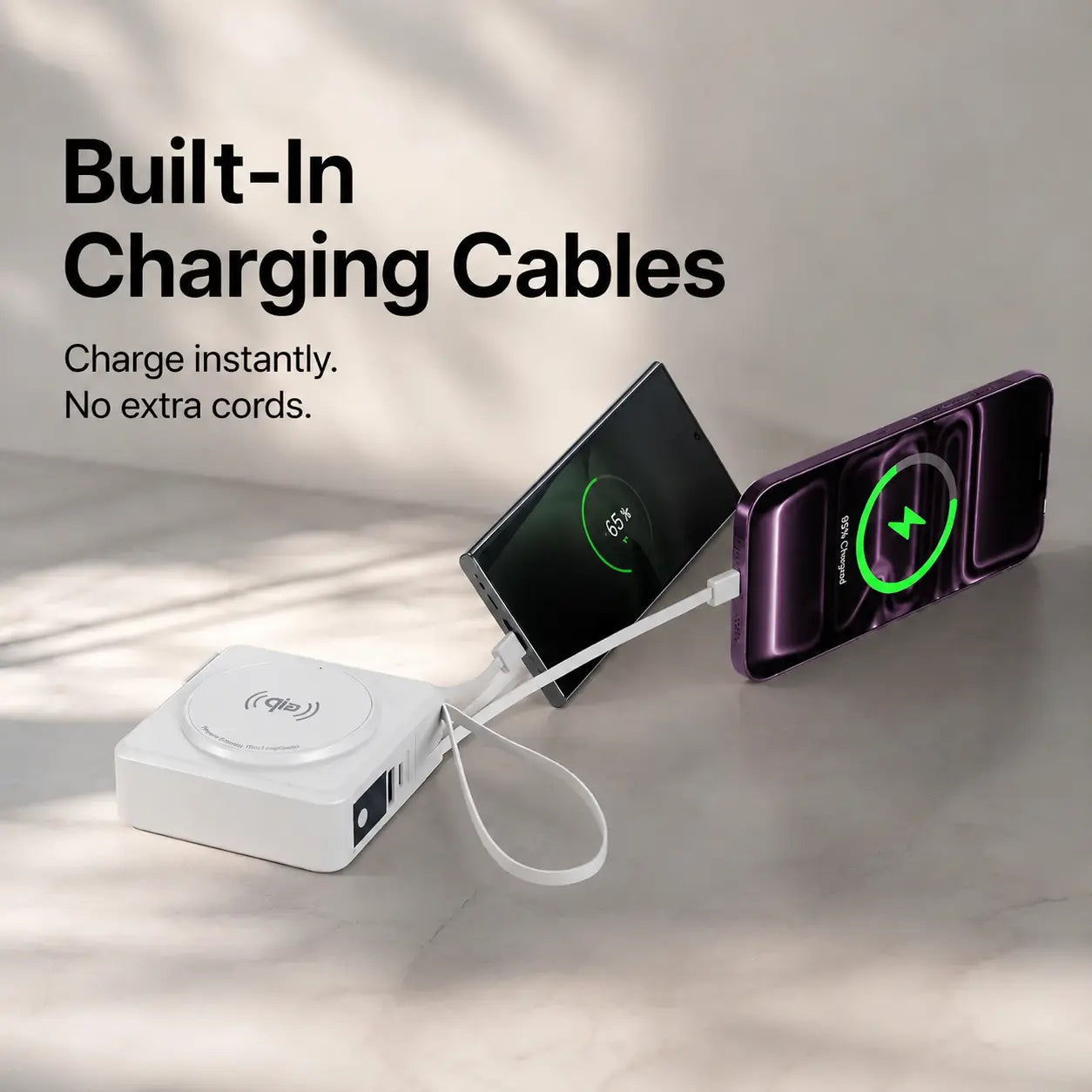 qi2 power bank with usb c and lightning cables