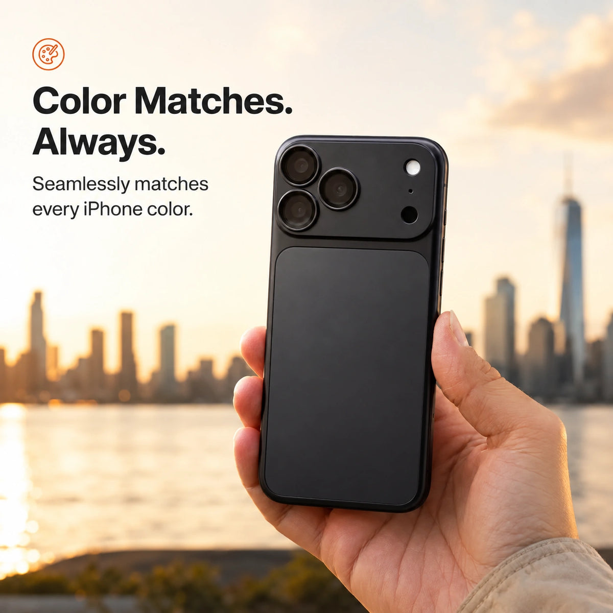 Midnight Black magnetic protective phone backplate held against a city skyline #color_Midnight Black