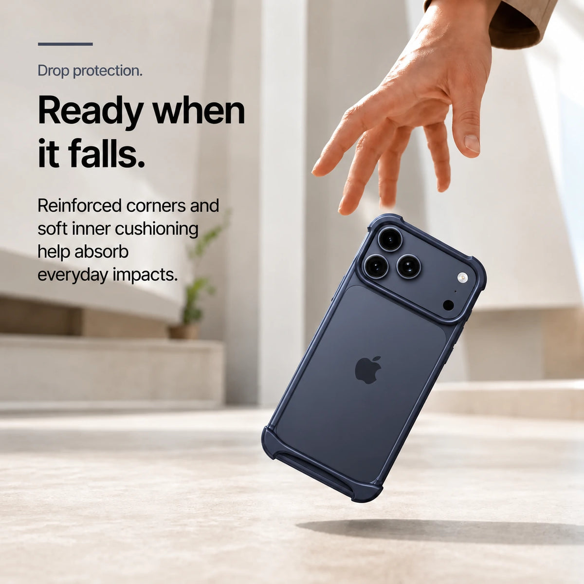 Dark blue metal phone bumper in a horizontal side view showing raised end protection #color_Deep Blue