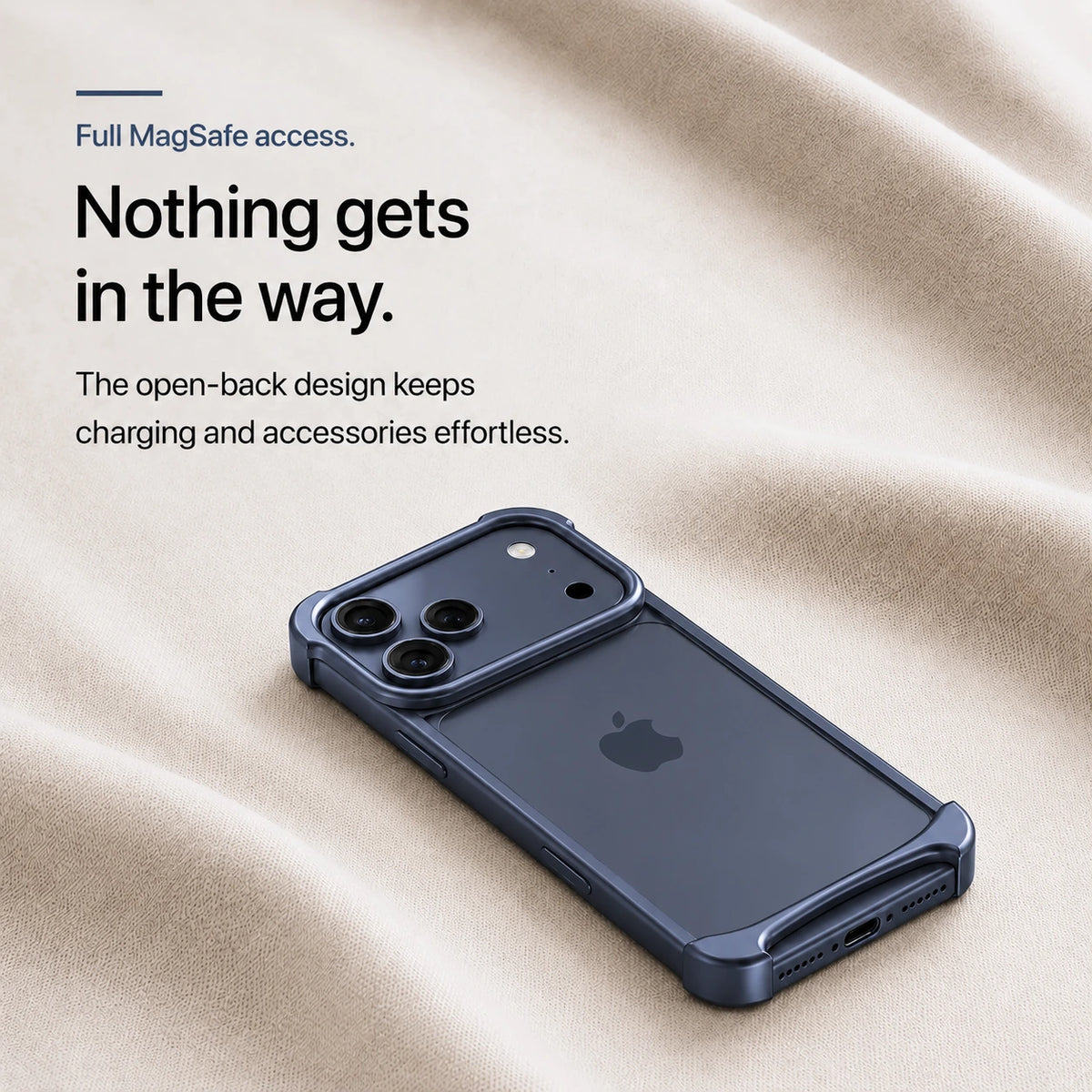 Dark blue metal phone bumper held above a pale stone desk, showing the exposed phone back #color_Deep Blue