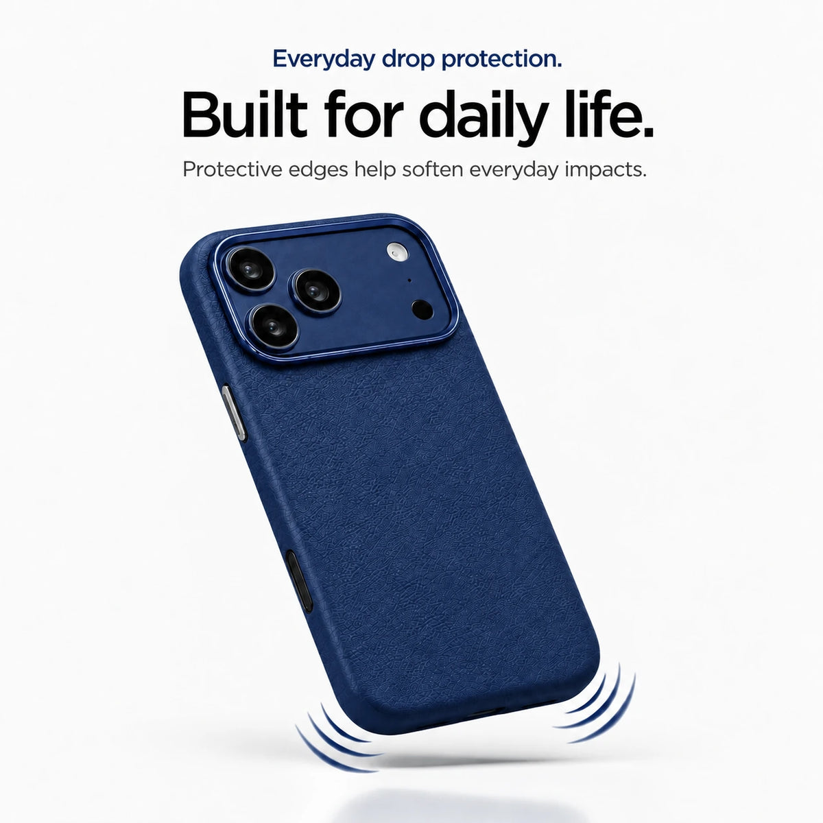 Navy blue textured leather phone case with protective edges illustrated by curved impact lines #color_Deep Blue