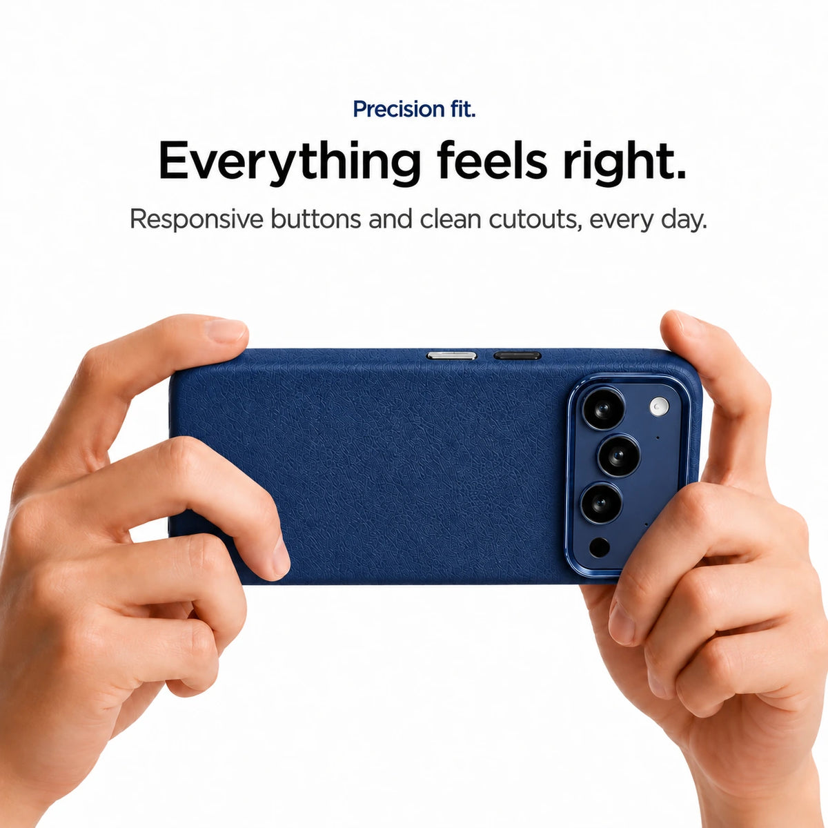Navy blue textured leather phone case held horizontally in two hands with side buttons visible #color_Deep Blue