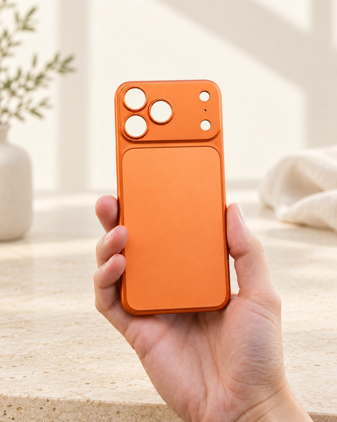 Hands holding a separate thin orange backplate, showing its matte finish and open camera cutouts.