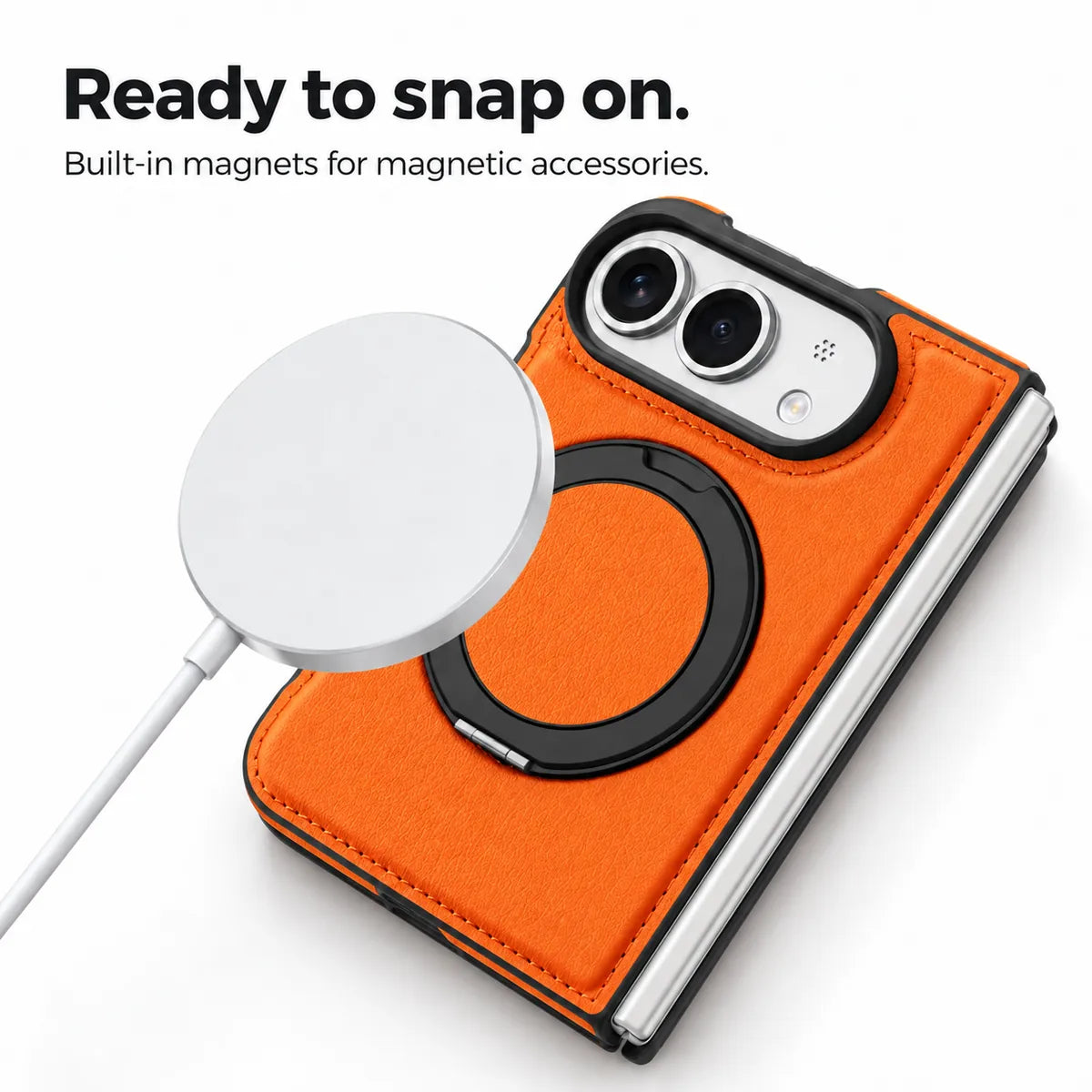 Textured synthetic leather phone case with a magnetic accessory beside the built-in ring. #color_Cosmic Orange