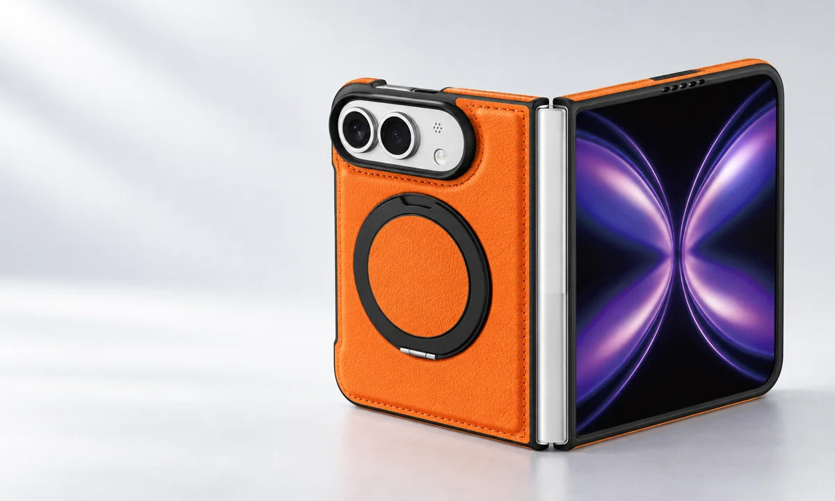 Orange PU leather case fitted to a partly open folding phone, with the closed ring stand and exposed silver hinge visible.