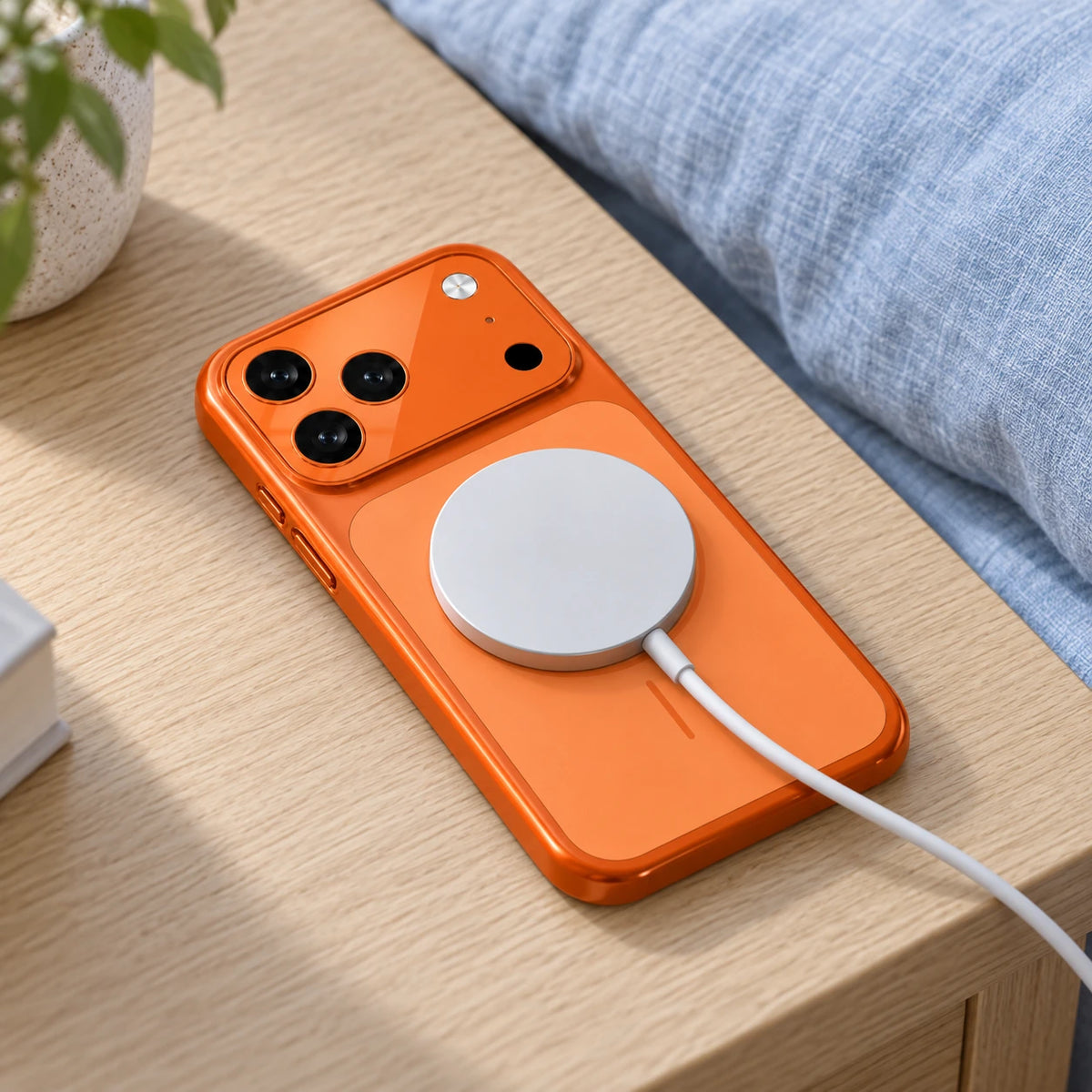 White magnetic puck attached to an orange hard-shell phone case on a bedside table.