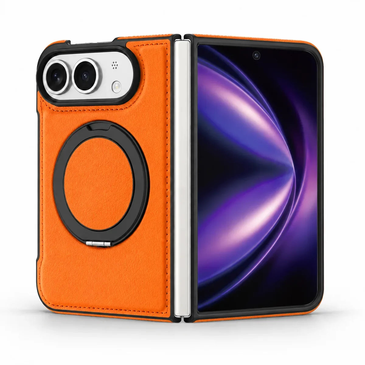 Cosmic Orange PU leather folding phone case shown open, with the camera back and folded ring stand on the left and the screen on the right. #color_Cosmic Orange