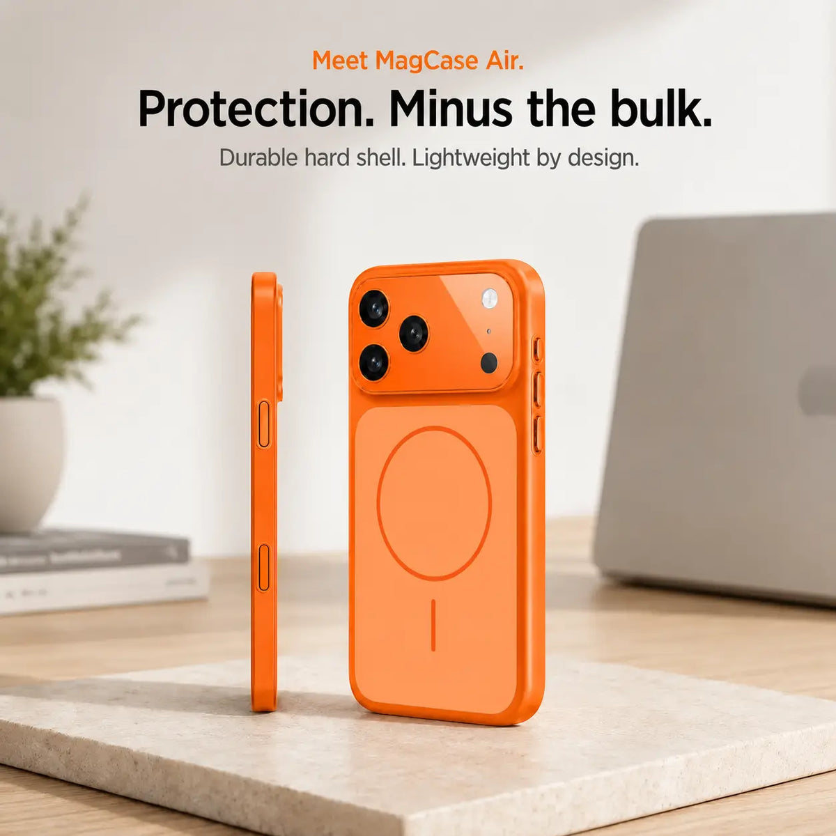 Orange lightweight hard shell phone case in rear and side views on a stone desk slab #color_Cosmic Orange