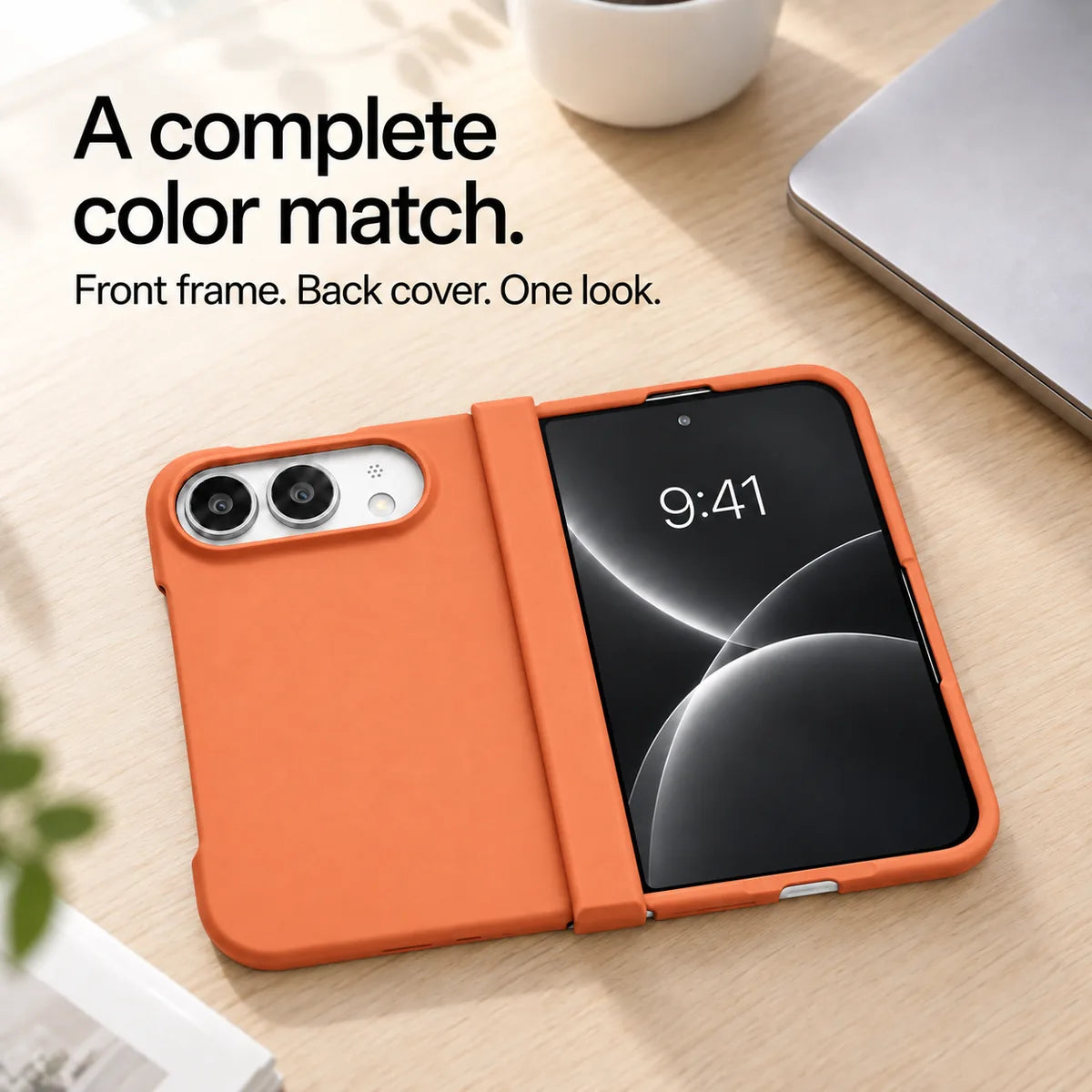 Orange matte iPhone Ultra case open flat on a desk, showing coordinated front and back covers. #color_Sunset Orange