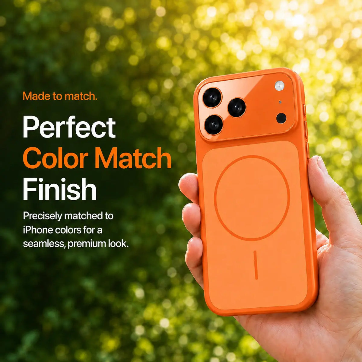 Orange matte magnetic phone case held outdoors against sunlit green foliage #color_Cosmic Orange