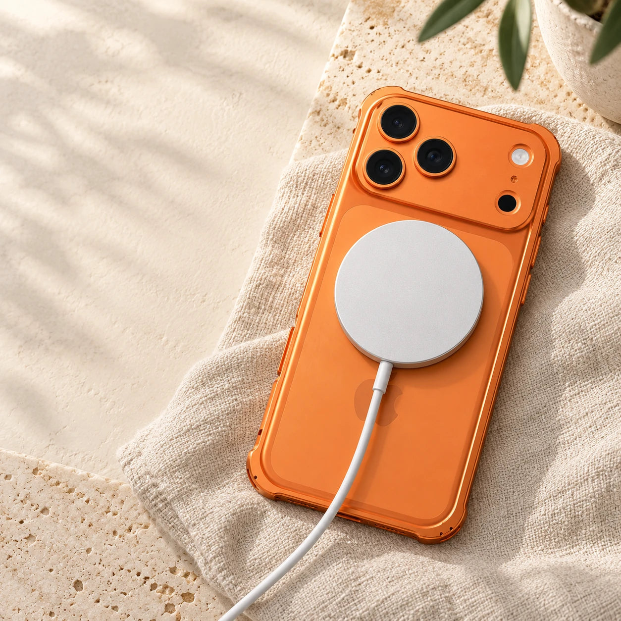 White magnetic charging puck attached to the exposed back of an orange bumper-protected phone.