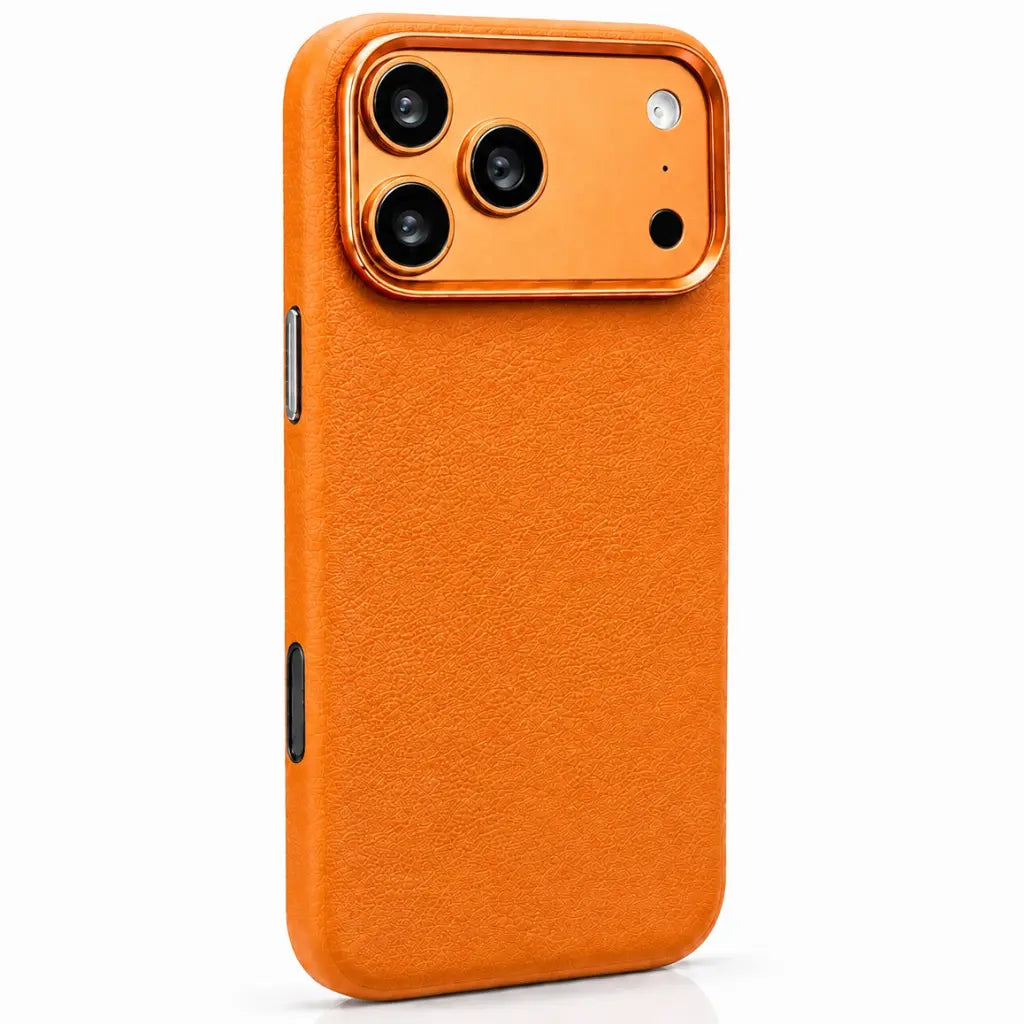 Orange textured leather magnetic phone case with a raised metallic camera surround, shown from the rear #color_Cosmic Orange