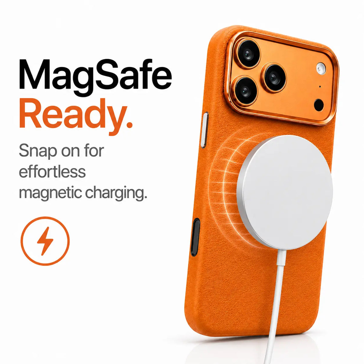 Orange textured leather phone case attached to a white magnetic wireless charging puck #color_Cosmic Orange