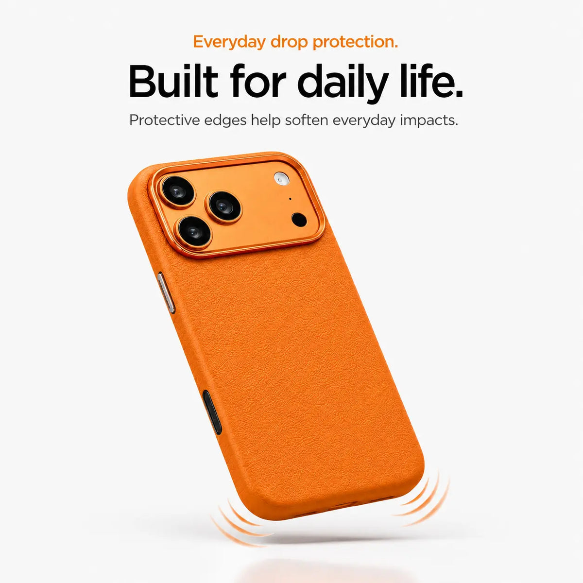 Orange textured leather phone case with protective edges illustrated by curved impact lines #color_Cosmic Orange