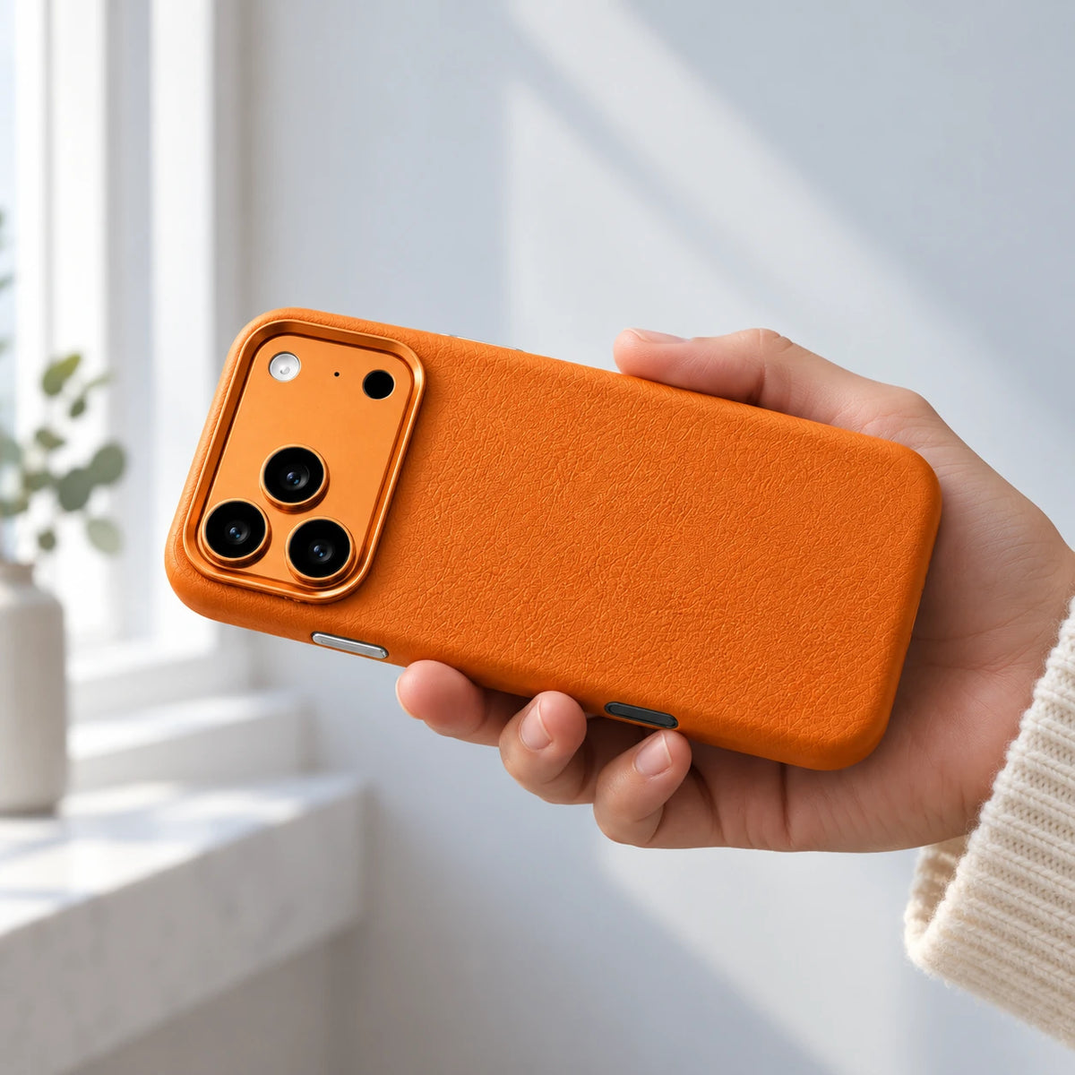 Orange vegan leather phone case held horizontally in a relaxed hand with its textured back visible.