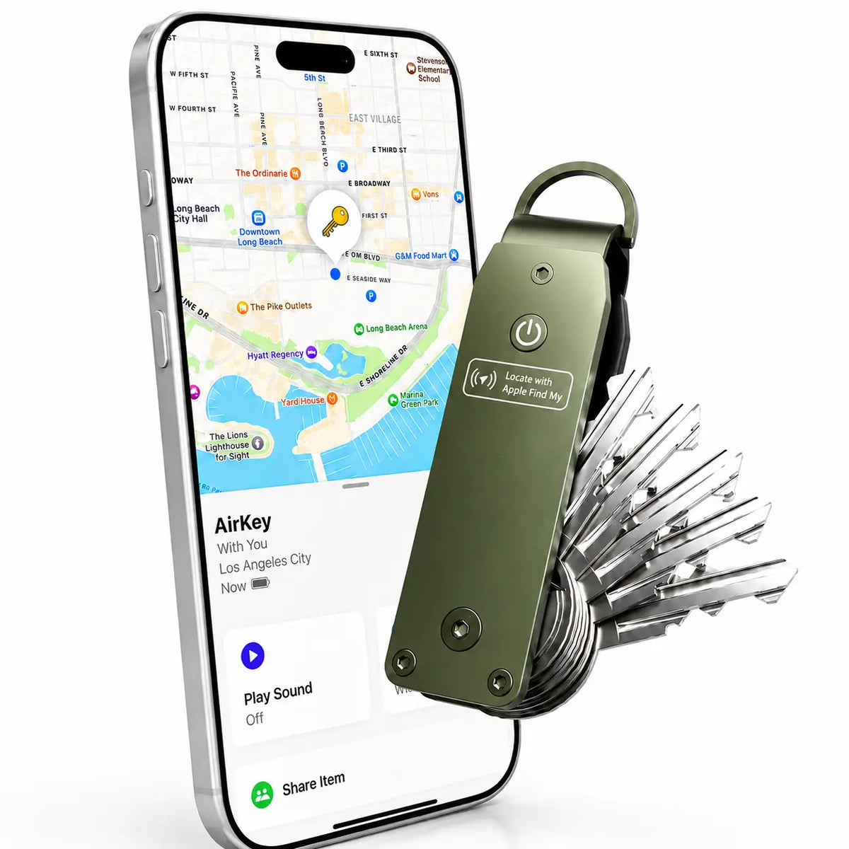 Spring Green compact tracking key organizer beside a tracking phone display #color_Spring Green
