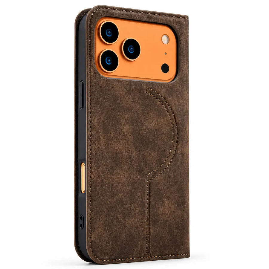 Brown leather wallet phone case with a stitched folio cover and built-in card storage