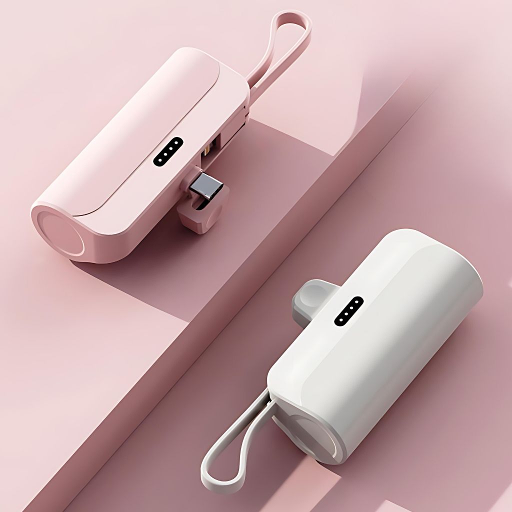 PowerBank Mini portable charger in multiple colors and capacities, compatible with USB-C and Lightning devices for Android and Apple, featuring a compact, lipstick-sized design with dual charging capability.