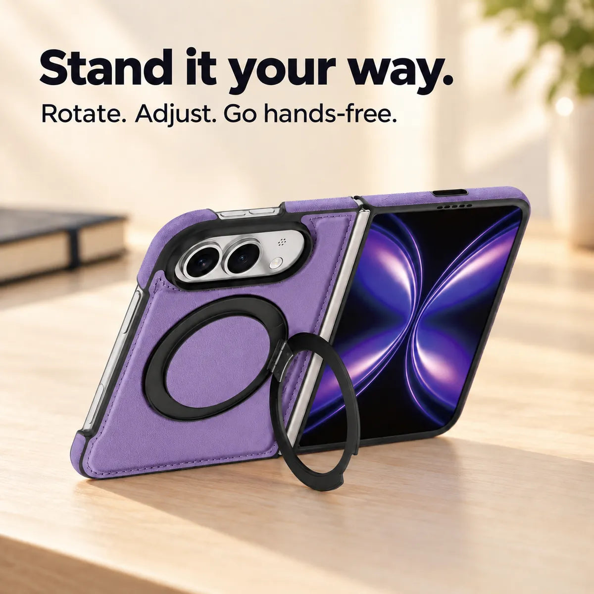 Textured synthetic leather folding phone case with its ring stand deployed on a desk. #color_Soft Purple