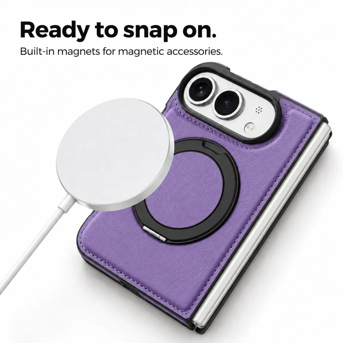 Textured synthetic leather phone case with a magnetic accessory beside the built-in ring. #color_Soft Purple