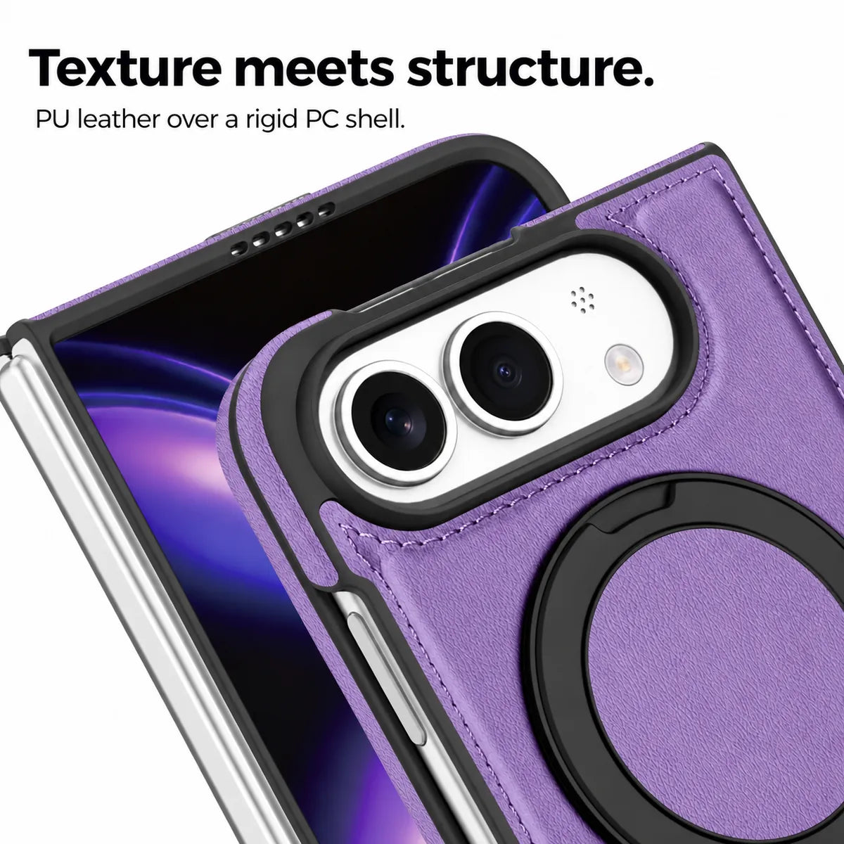 Close-up of the synthetic leather texture, stitching and raised camera surround. #color_Soft Purple