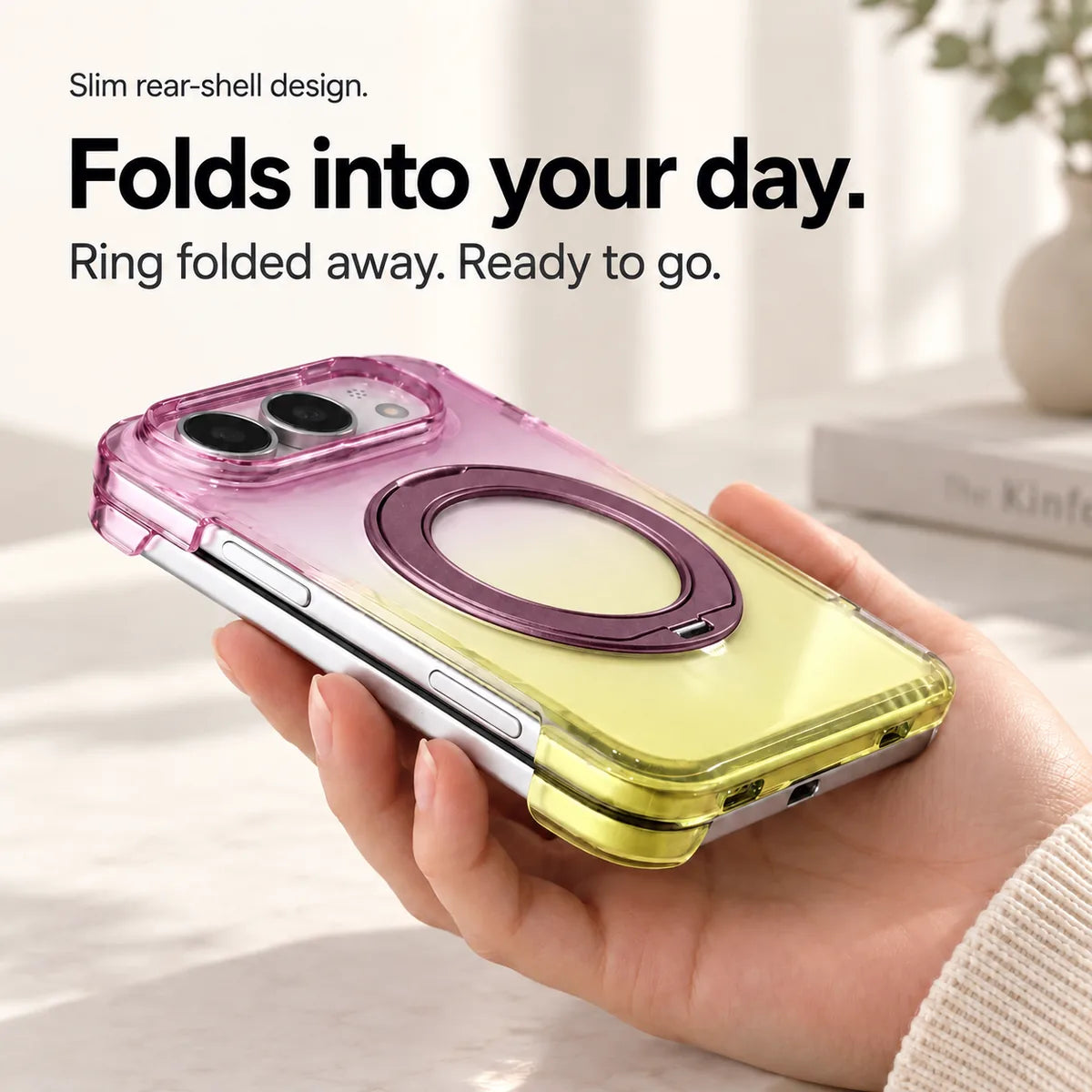 Purple and yellow gradient rear case shown from the side on a folded silver phone with the ring stored flat. #color_Orchid Glow