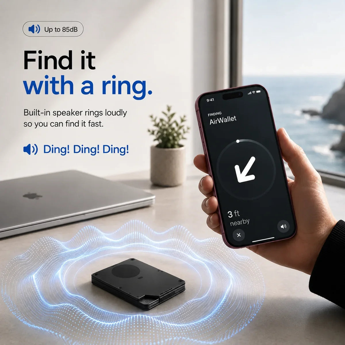Obsidian Black tracker wallet with a sound illustration beside a Burgundy iPhone showing the original proximity-finding screen. #color_Obsidian Black