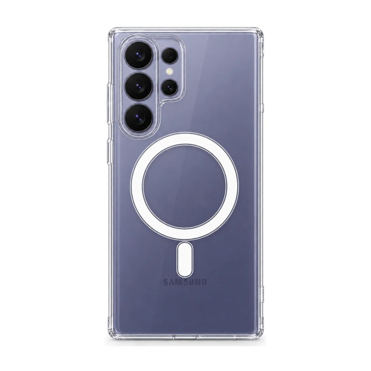 Clear magnetic phone case on a violet handset with three large rear cameras and separate smaller sensors. #Samsung Model_Samsung S26 Ultra