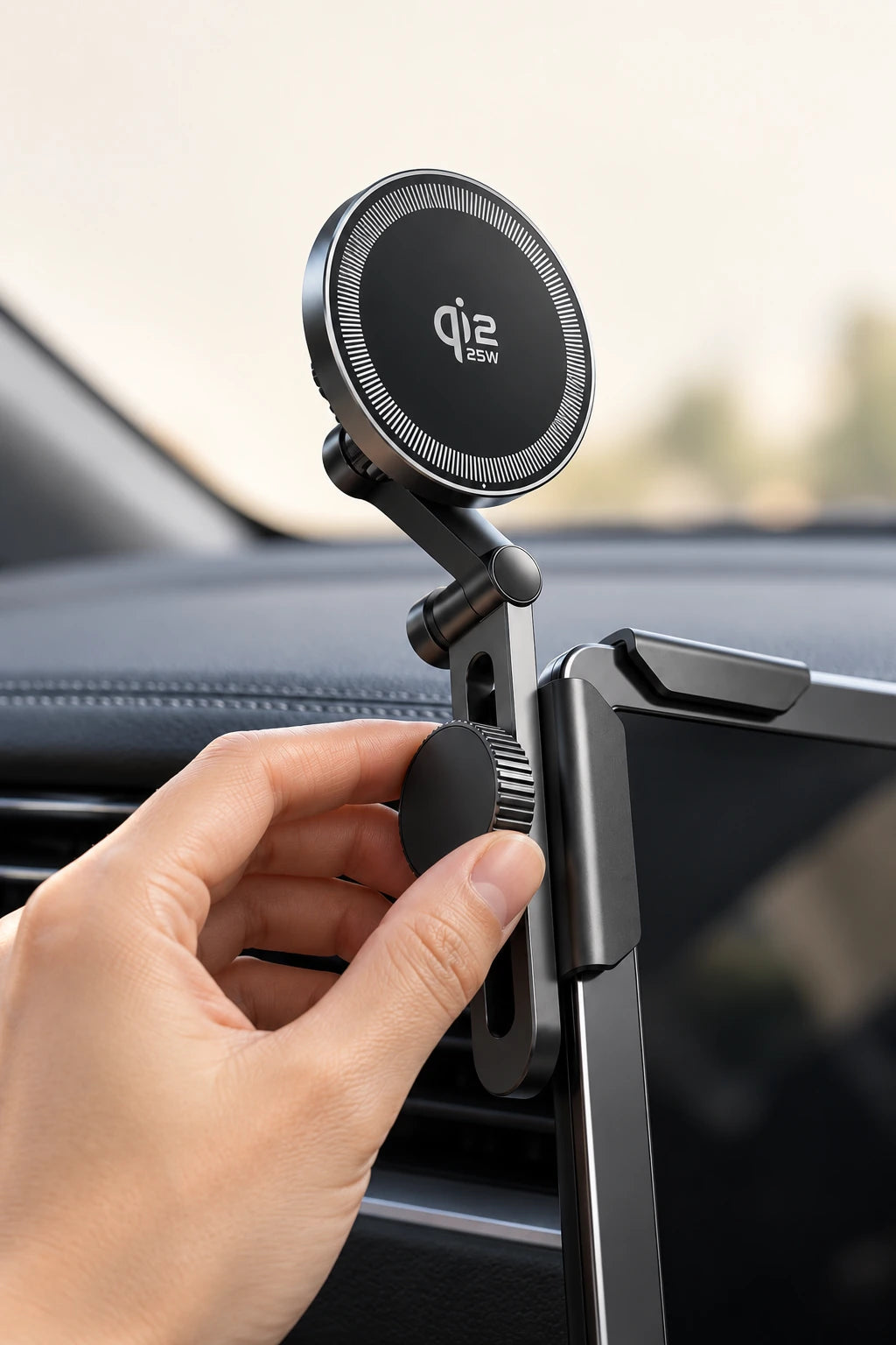 Hand adjusting the height knob on a screen-edge phone mount.
