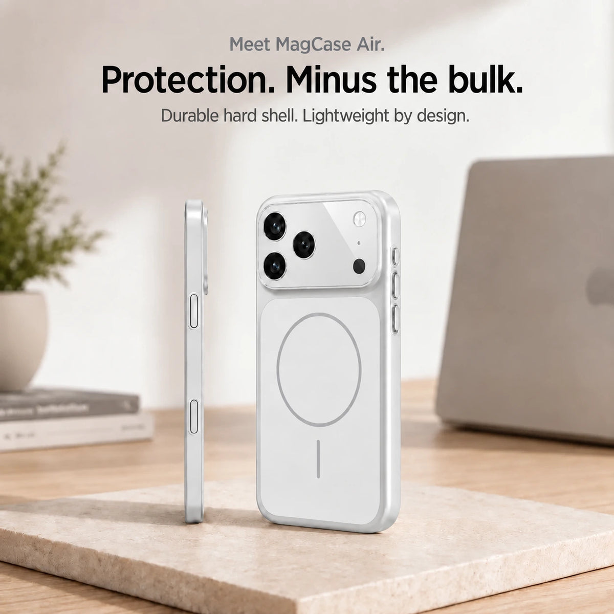 Silver lightweight hard shell phone case in rear and side views on a stone desk slab #color_Titanium Silver