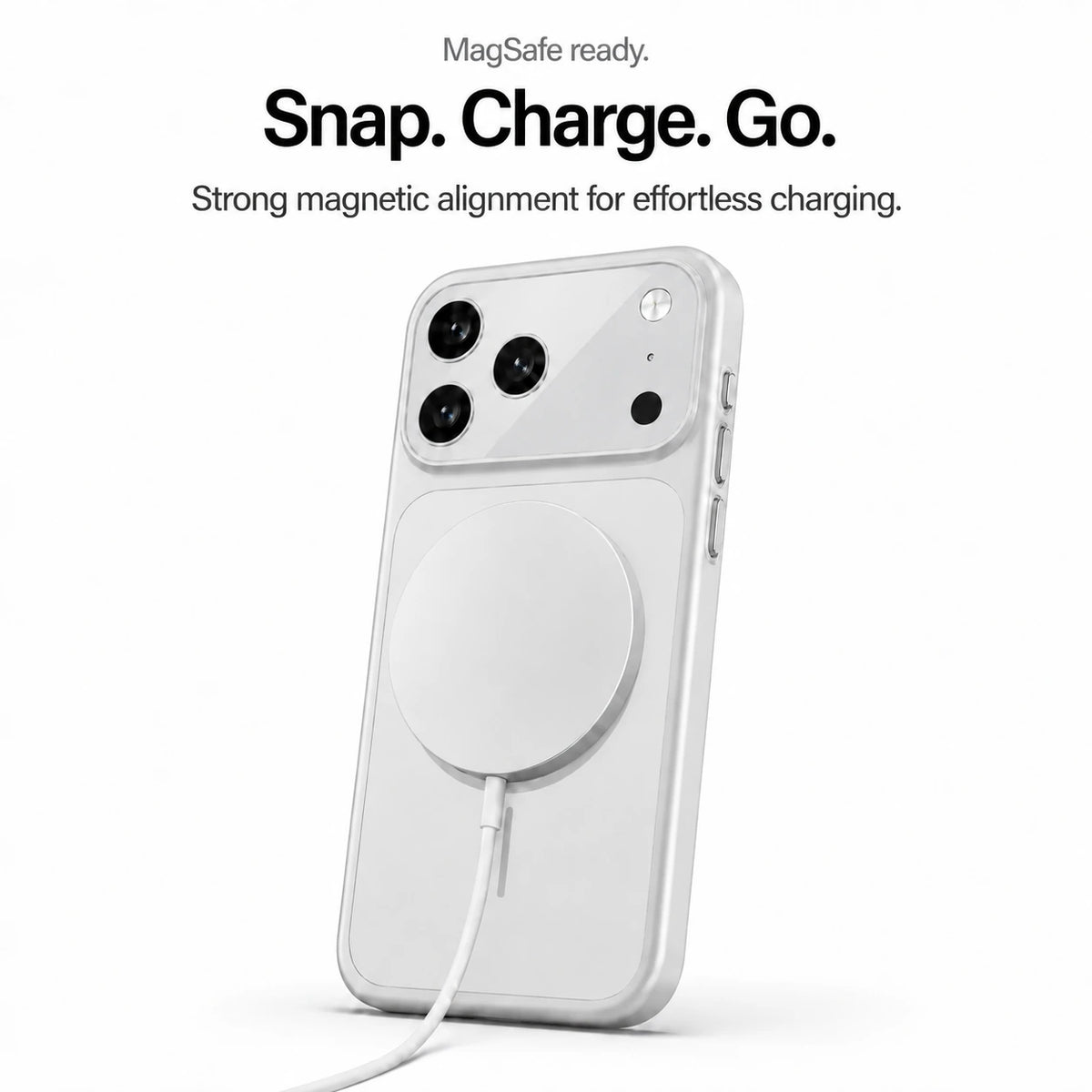 Silver magnetic phone case with an attached round wireless charger and white cable #color_Titanium Silver