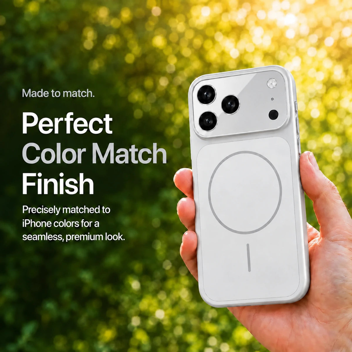 Silver matte magnetic phone case held outdoors against sunlit green foliage #color_Titanium Silver
