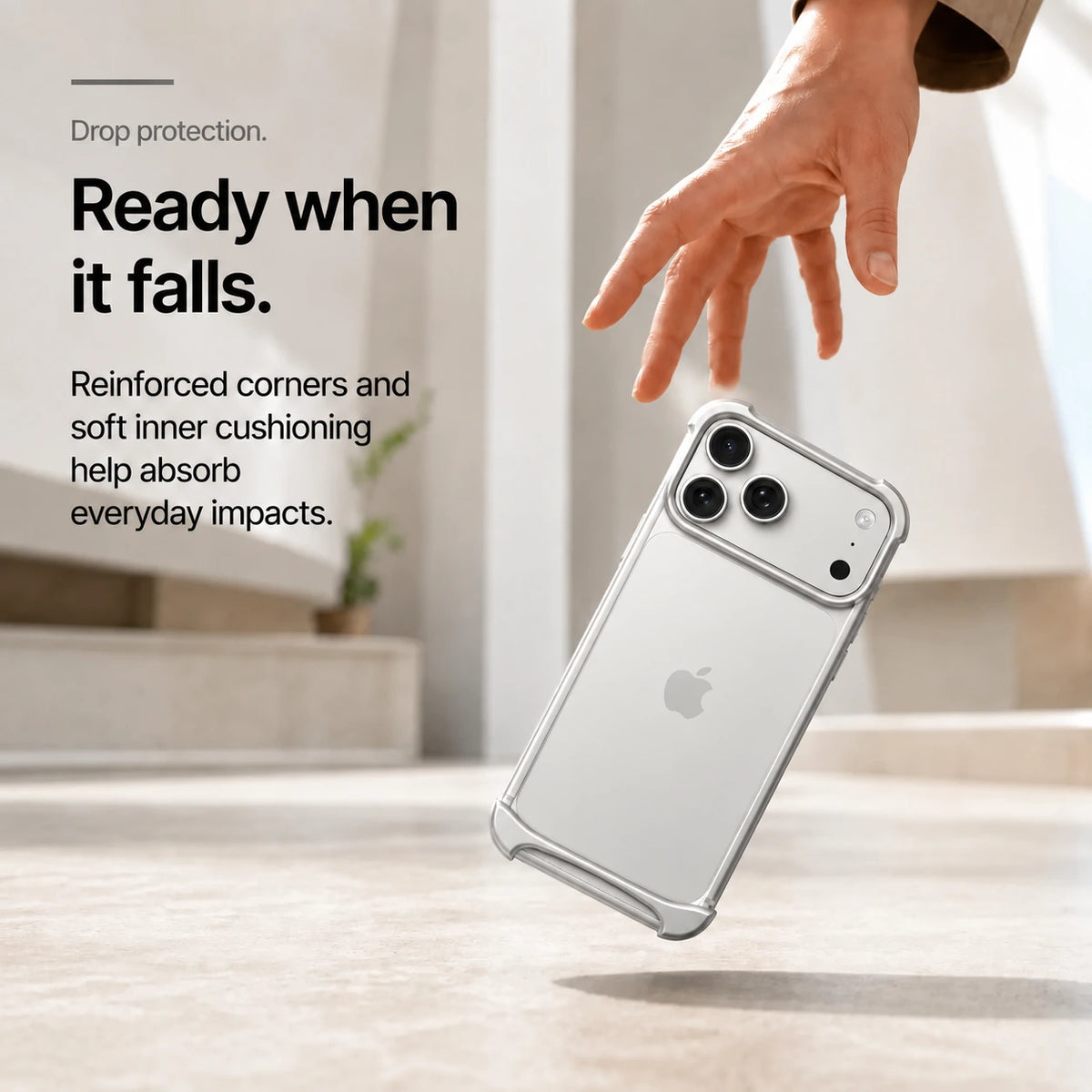 Silver metal phone bumper in a horizontal side view showing raised end protection #color_Titanium Silver