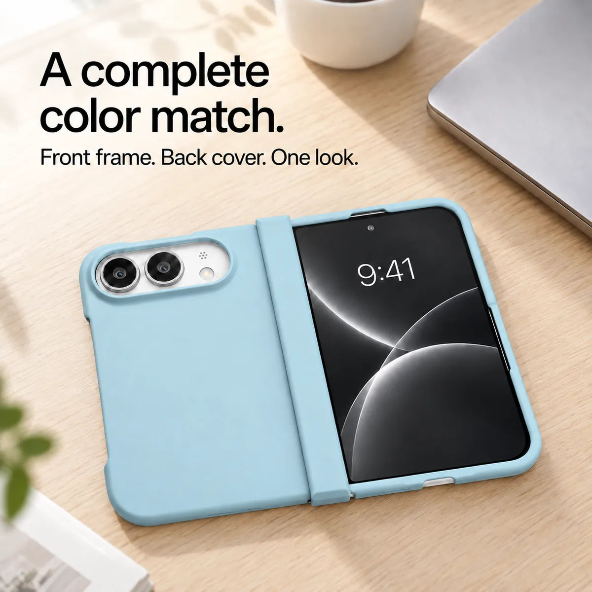Sky Blue matte iPhone Ultra case open flat on a desk, showing coordinated front and back covers. #color_Glacier Blue