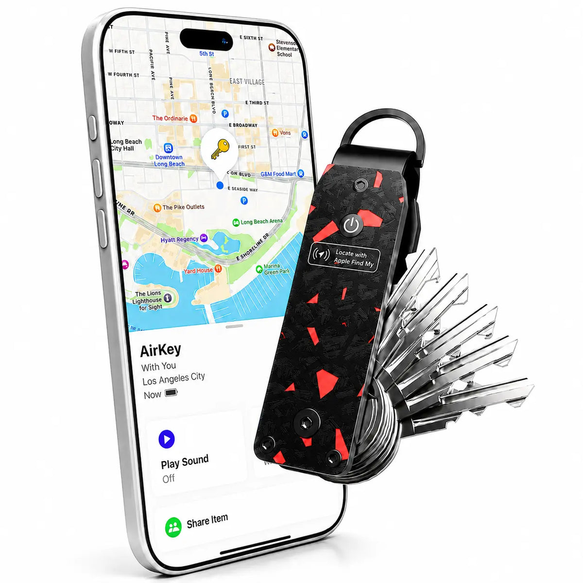 Carbon Red compact tracking key organizer beside a tracking phone display #color_Carbon Red