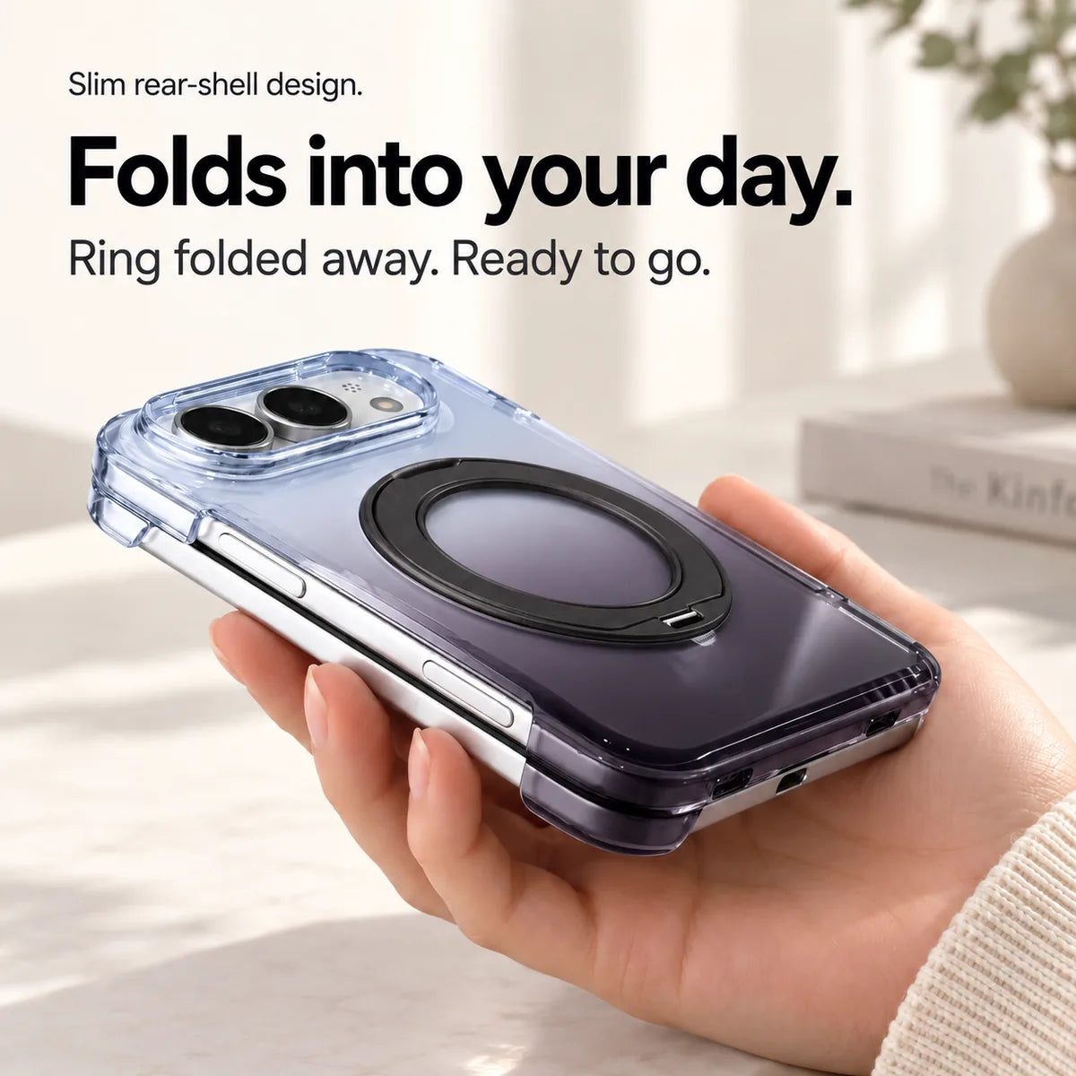 Smoky purple gradient rear case shown from the side on a folded silver phone with the ring stored flat. #color_Midnight Mist